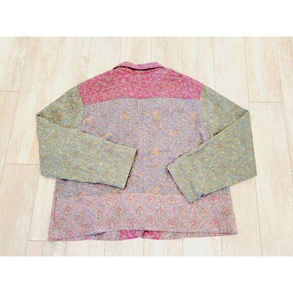 Chico's 3 Quilted Tapestry Jacket Silk Green Pink Button Front Collared - Picture 6 of 7